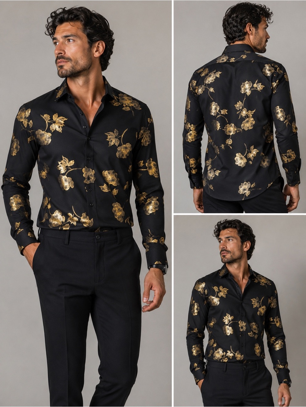 Men's Black Button-Down Shirt with Gold Floral Print